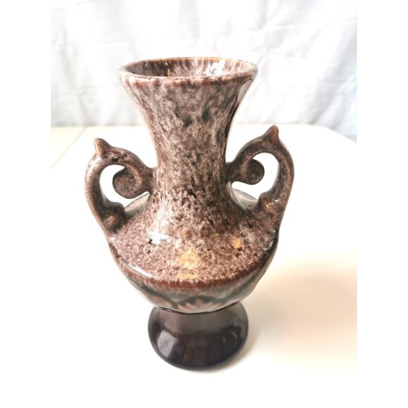 12.5" Vintage MCM Double Handle Urn Vase Brown White Drip Glaze Pottery 1960s - Picture 9 of 9